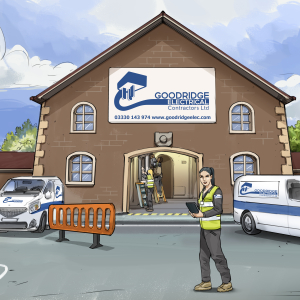 Illustration of Goodridge Electrical Contractors at work across homes, hospitals and businesses